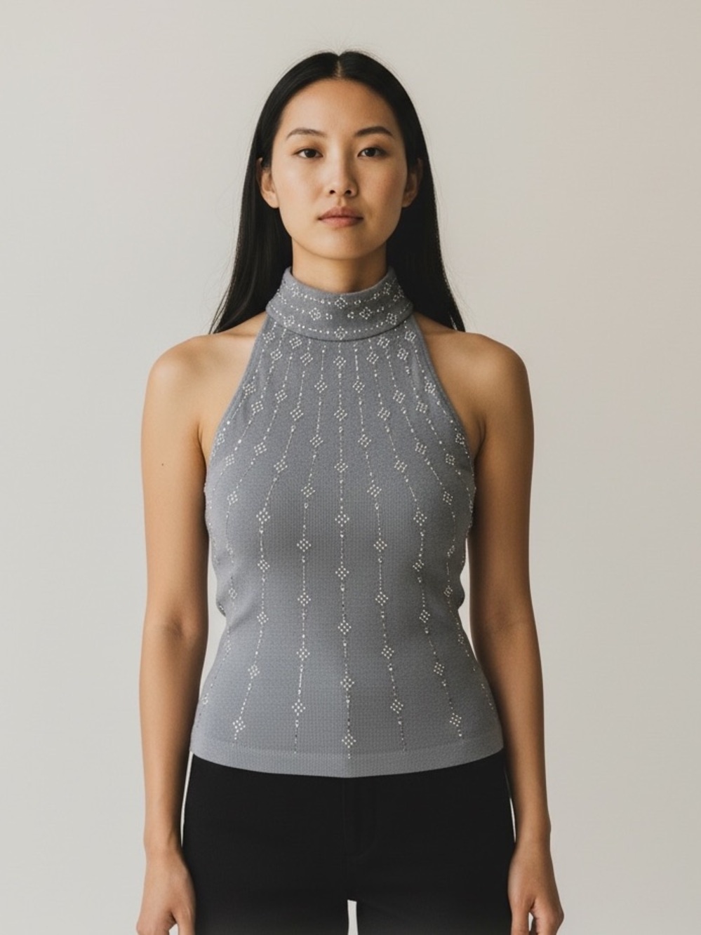 Vintage St. John Gray Embellished Halter Strappy Tank Top